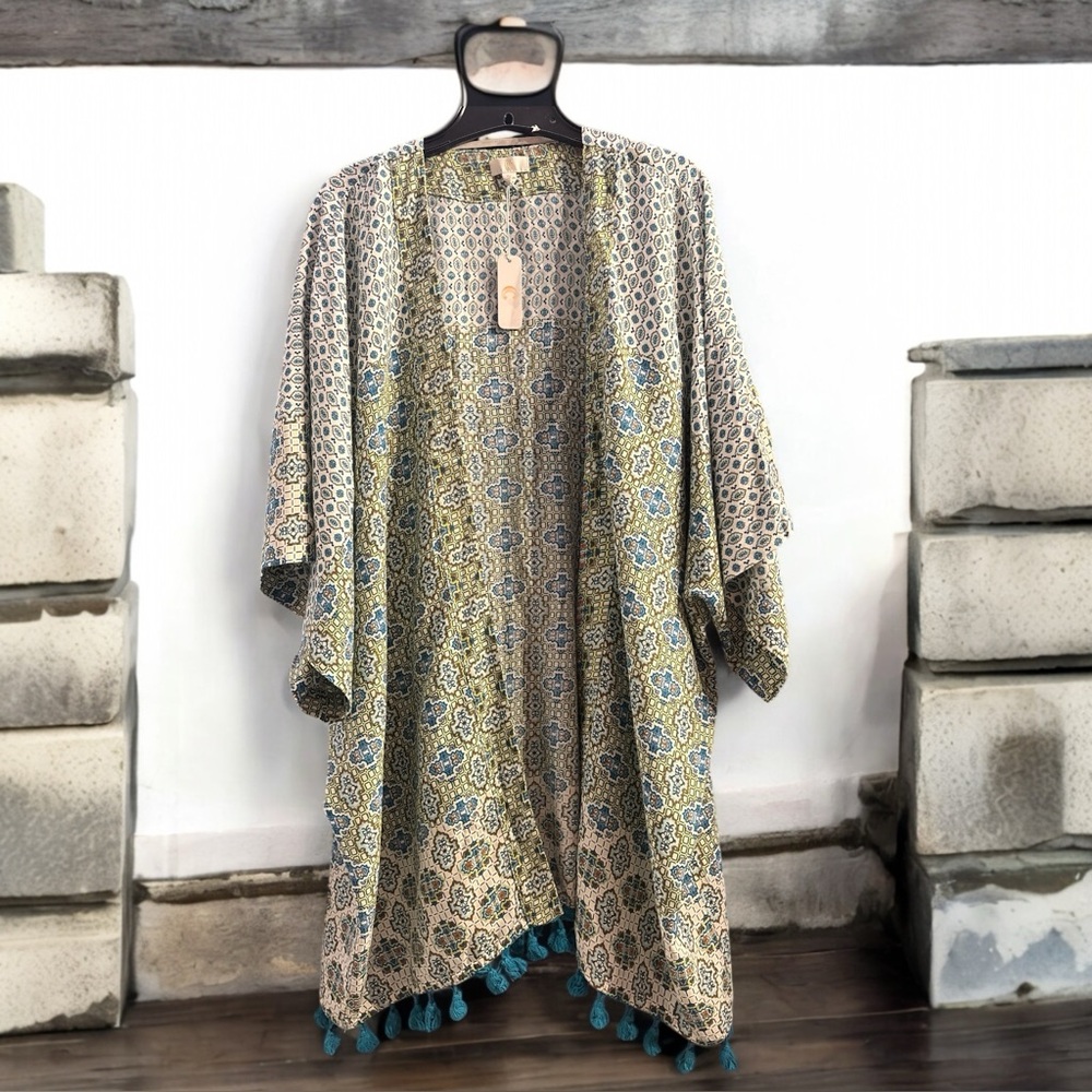 Blue and Green Kimono with Flowing Sleeves